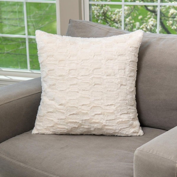 Art Deco Faux Fur Pillow, White Carved Geometric Pattern