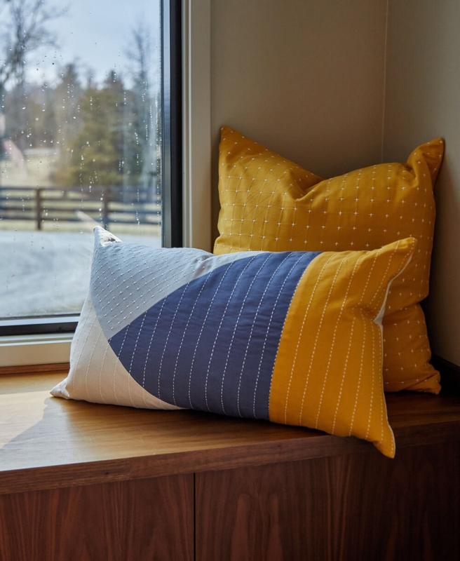 Artisanal Hand Stitched Colorblock Lumbar Pillow Teal Ochre