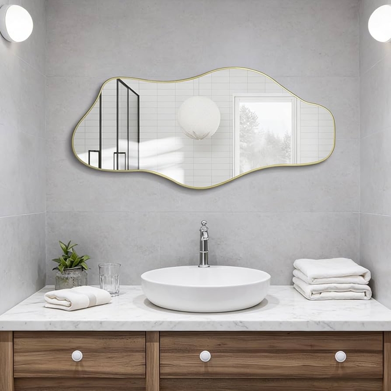 Asymmetrical Gold Wall Mirror with Thin Organic Frame Design