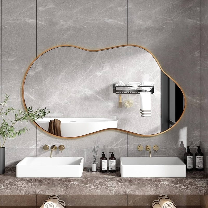 Asymmetrical Wall Mirror, Organic Silhouette, Polished Gold Frame