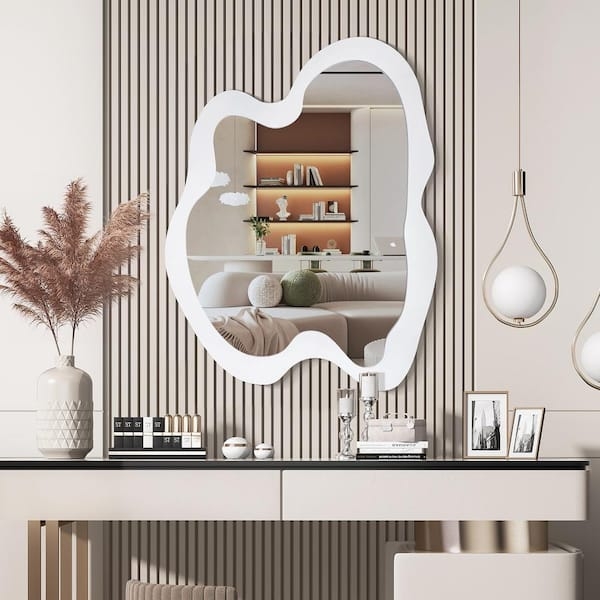 Asymmetrical Wall Mirror Wavy Edge White Frame, Organic Modern Vanity