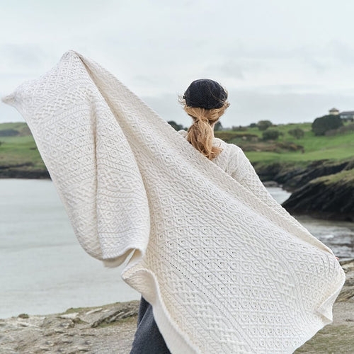 Authentic Aran Knit Throw Blanket in Cream with Chunky Honeycomb Stitch