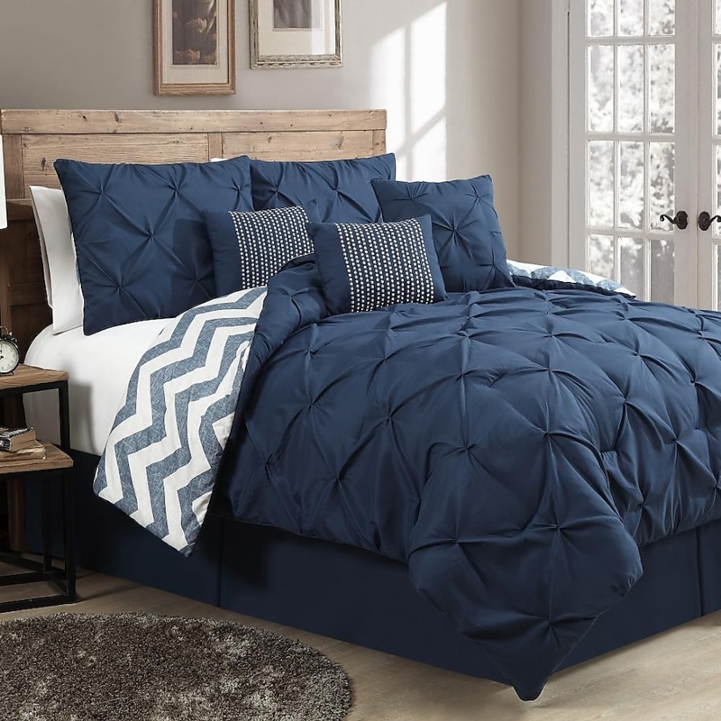 Avondale Manor 7-Piece Ella Pinch Pleat Comforter Set, Queen, Navy