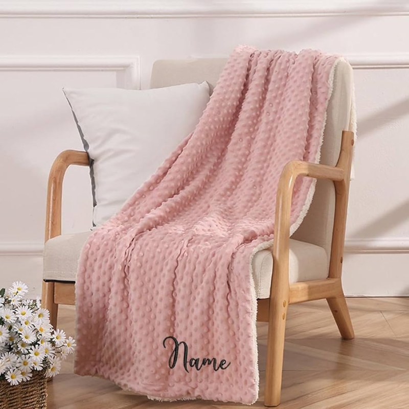 Baby Blanket Blush Pink Minky Dot Texture Embroidered Name