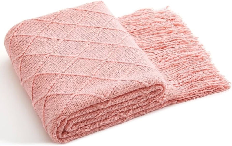 Baby Pink Diamond Knit Throw Blanket, Cozy Knitted Throw