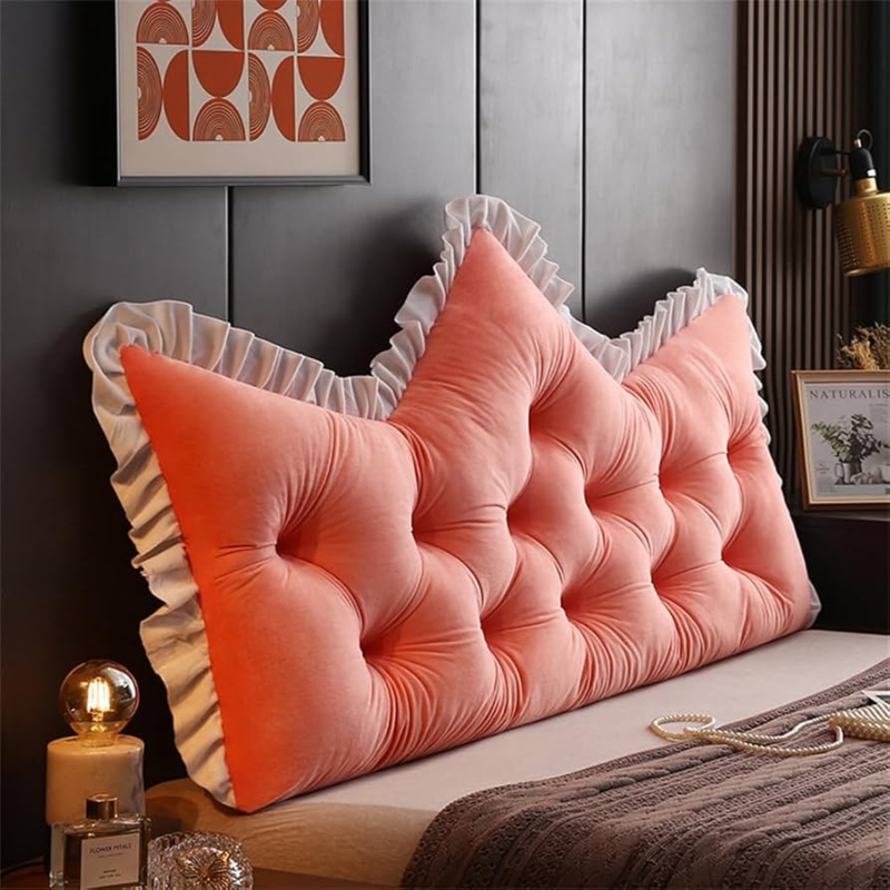 Backrest Pillow Pink Crown Shape Button Tufting Side Pocket