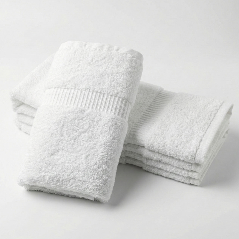 Bath Towel Dobby Border Bright White Pile Folded Towel Stack Styling