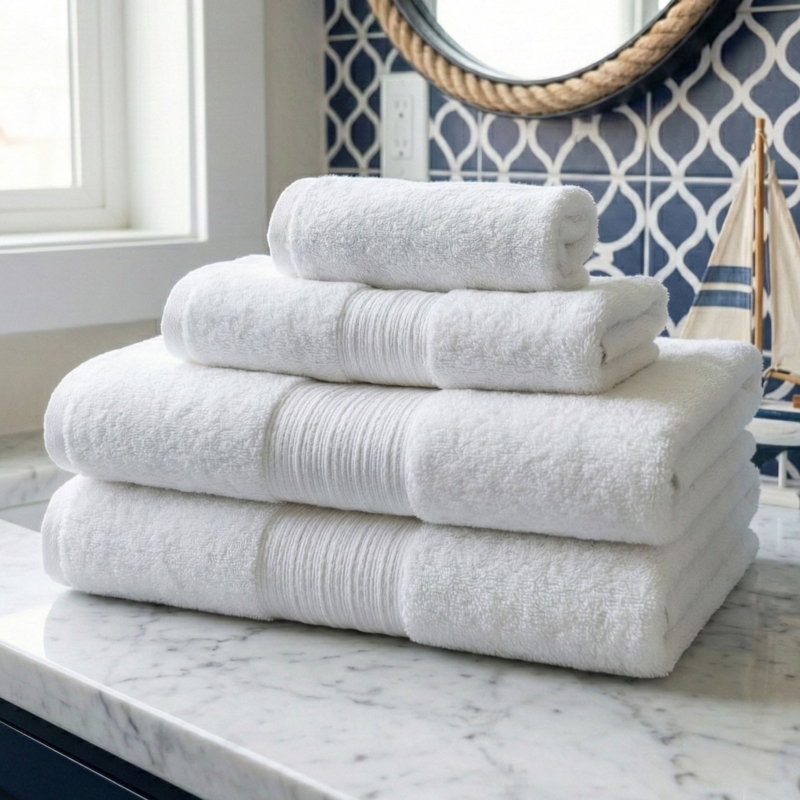 Bath Towel Dobby Border Stone Surface Styling Folded Towel Stack Display Ideas