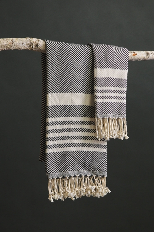 Bath Towel Pinstripe Knotted Tassels Charcoal Organic Modern Spa