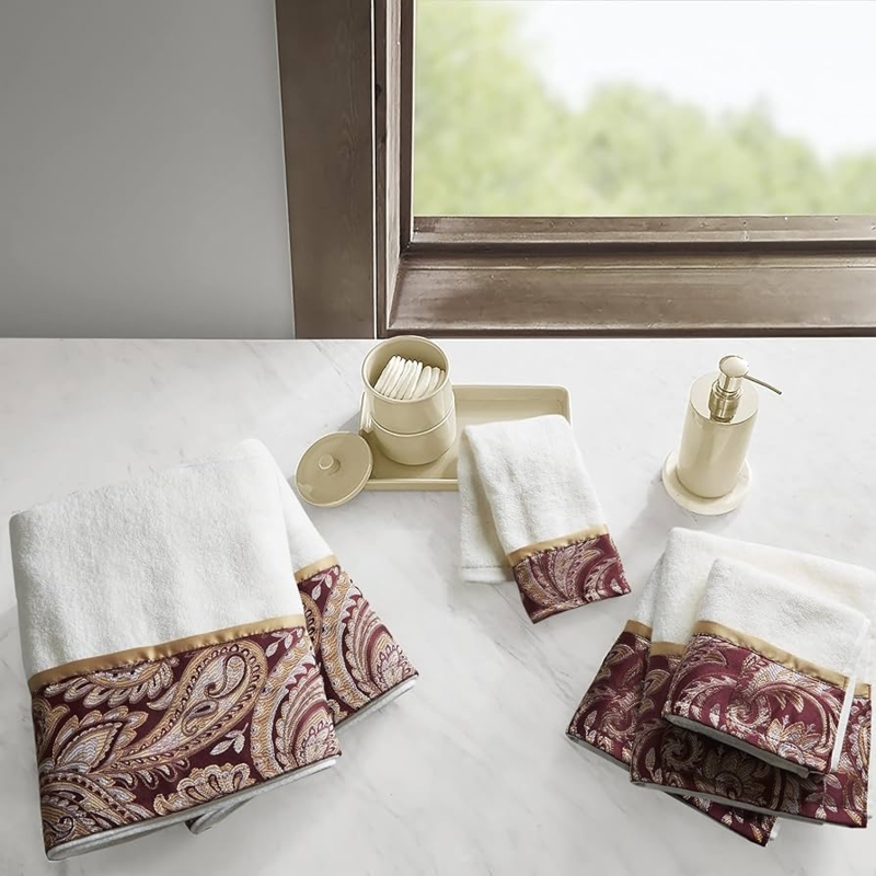 Bath Towel Set Burgundy Paisley Jacquard Luxury Cotton