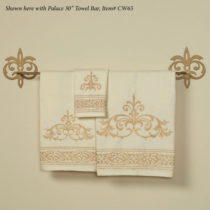 Bath Towel Set Gold Scroll Embroidery Velour Texture Cream