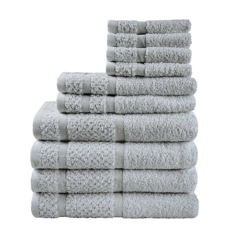 Bath Towel Set: Grey Cotton Terry, Dobby Border, Graduated Stack