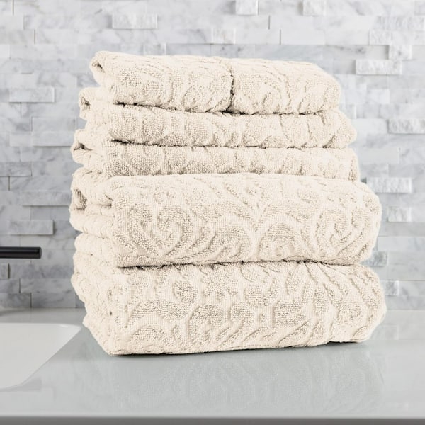 Bath Towel Set Jacquard Scroll Pattern Cotton, Classic Spa Decor