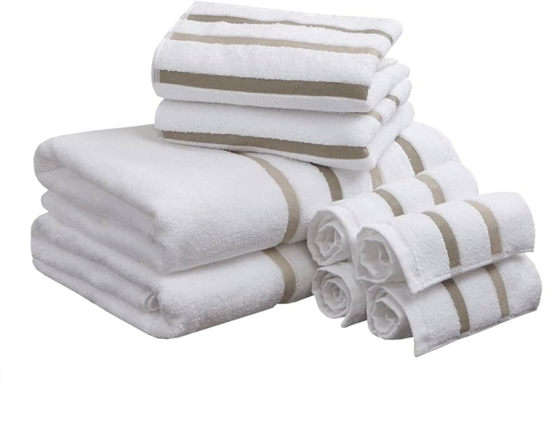 Bath Towel Set Taupe Striped And Solid Mix Transitional
