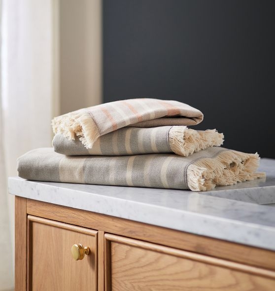 Bath Towel, Terracotta Striped Cotton Ribbed Fringe