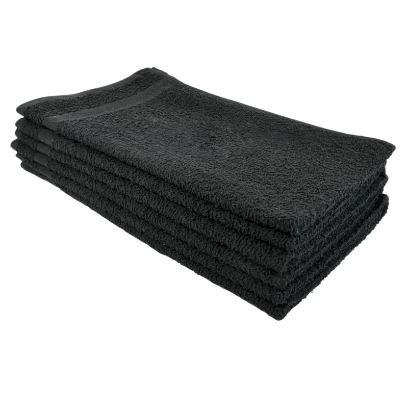 Bath Towels Stack, Deep Black Cotton Terry Cloth, Minimalist Style.