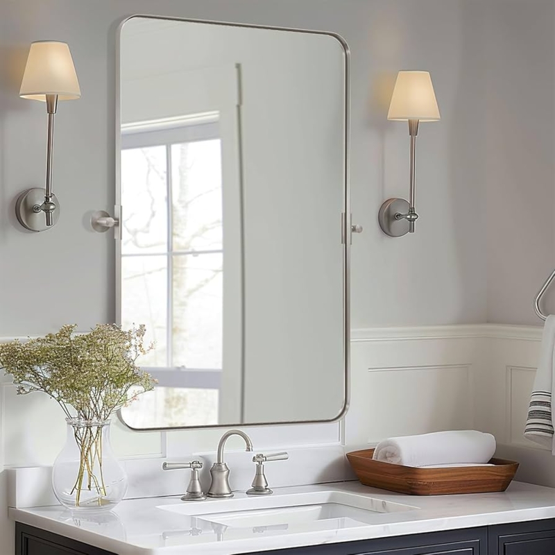 Bathroom Mirror Brushed Finish Rounded Rectangle Pivot Vanity Mount