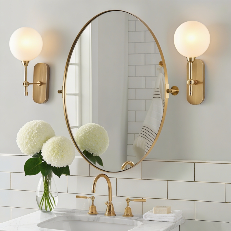 Bathroom Mirror Brushed Nickel Finish Rounded Rectangular Pivot