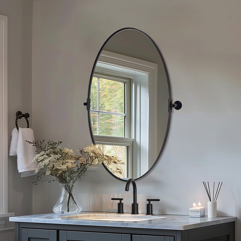 Bathroom Mirror Oval Silhouette Matte Black Modern Pivot Mount