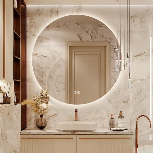 Bathroom Mirror Round Frameless LED Backlit Minimalist Spa Decor
