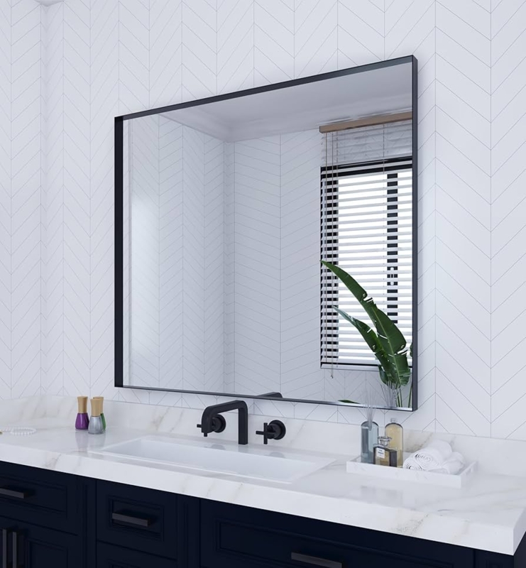 Bathroom Mirror with Thin Black Metal Frame and Ultra-Flush Mount