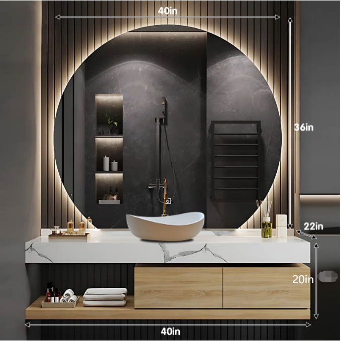 Bathroom Vanity Floating Ribbed Front Light Wood LED Backlit Mirror
