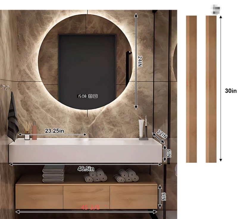 Bathroom Vanity Set Floating Fluted Wood Backlit Round Mirror Scandi