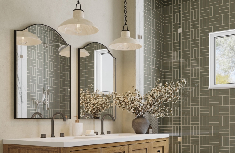 Bathroom Vanity Vertical Stacked Backsplash Wood Toned Double Sink