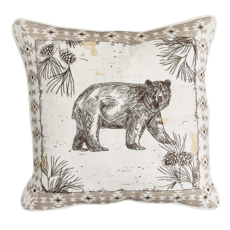 Bear Embroidered Lodge Throw Pillow with Geometric Border Trim