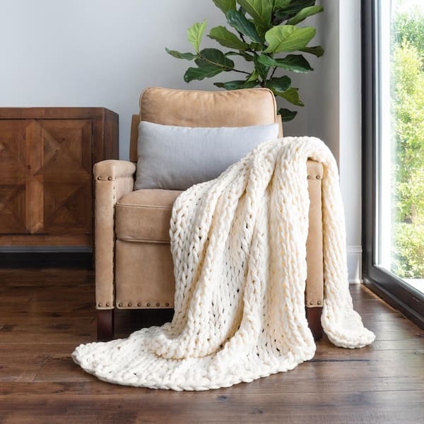Becky Cameron Ivory Knit Acrylic Throw Blanket IEH-THROW-CHKN-IVORY