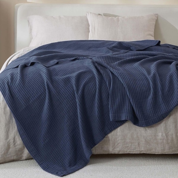 Bed Blanket Light Blue Cotton Like Waffle Weave Grid Pattern