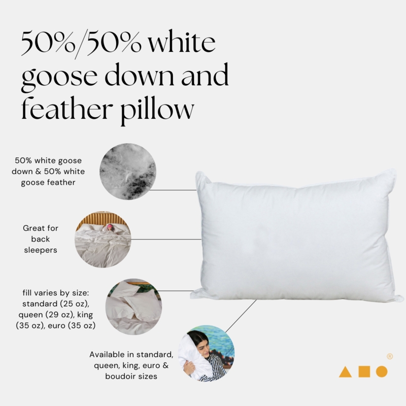 Bed Pillow, 50/50 Goose Down and Feather Blend