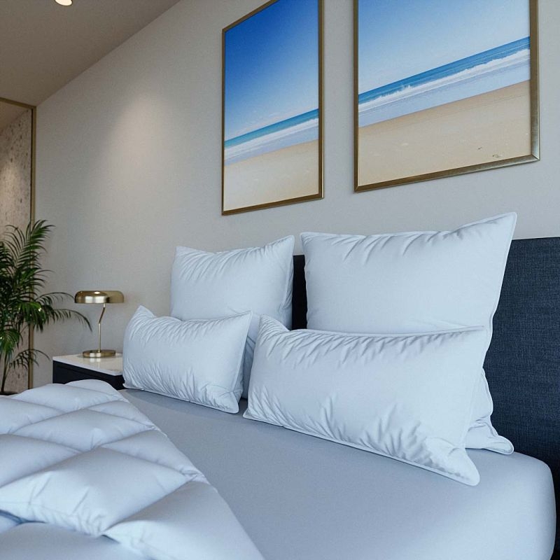Bed Pillow Gold Logo Detail Piped Edges High Loft White Luxury White Bed Pillow