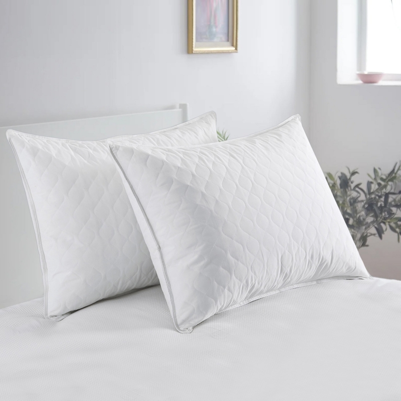 Bed Pillow Set of 2: White Diamond Quilted Texture with Piped Edges.