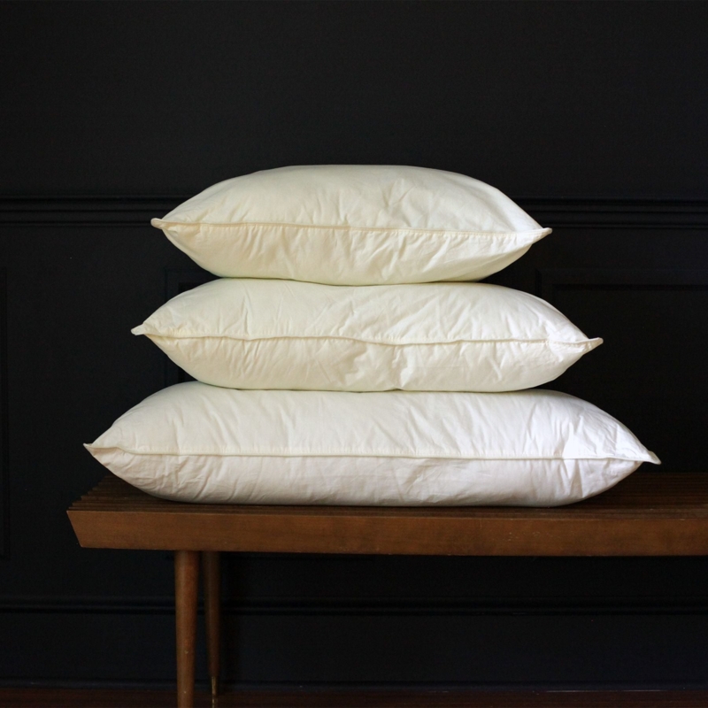 Bed Pillow: White Gusseted Side with Piped Edges, Hotel Style Stack.
