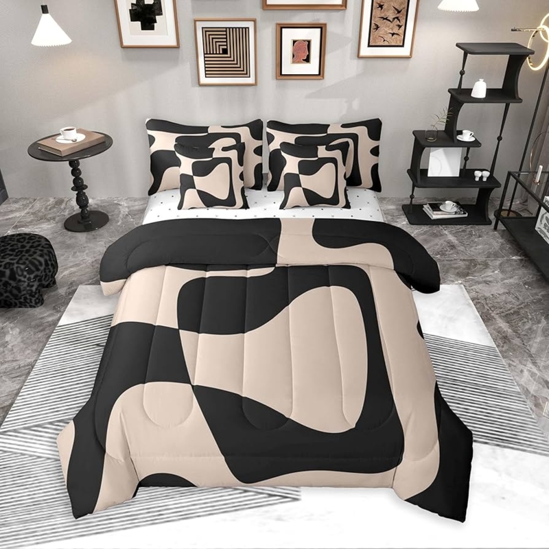 Bedding Set Abstract Line Art Pattern Tan Black Modern Graphic