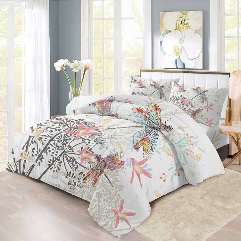 Bedding Set Bohemian Teal Dragonfly Print White Graphic Motif