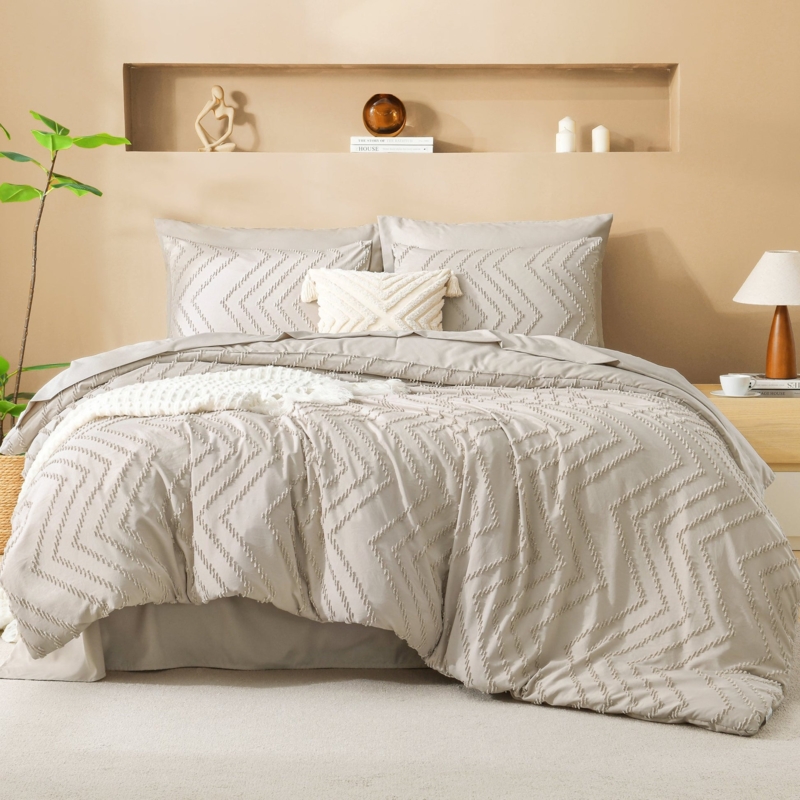 Bedding Set Cream Tufted Chevron Embroidery Boho Complete 7-Piece