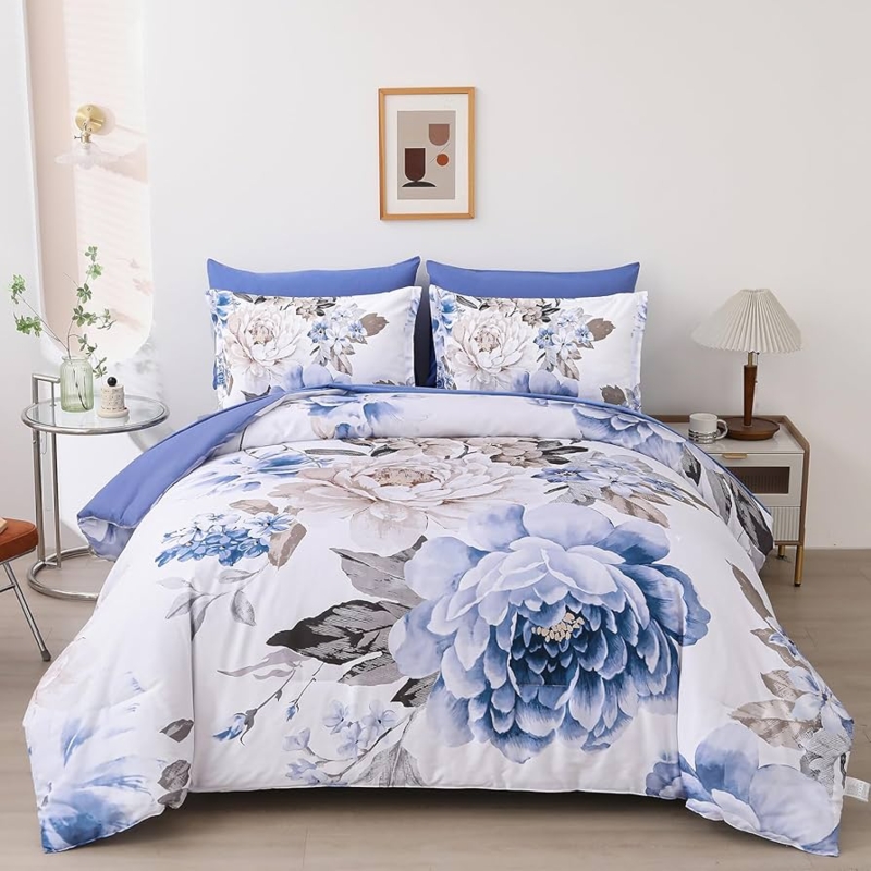 Bedding Set Deep Blue Floral Oversized Blooms Cottagecore Style
