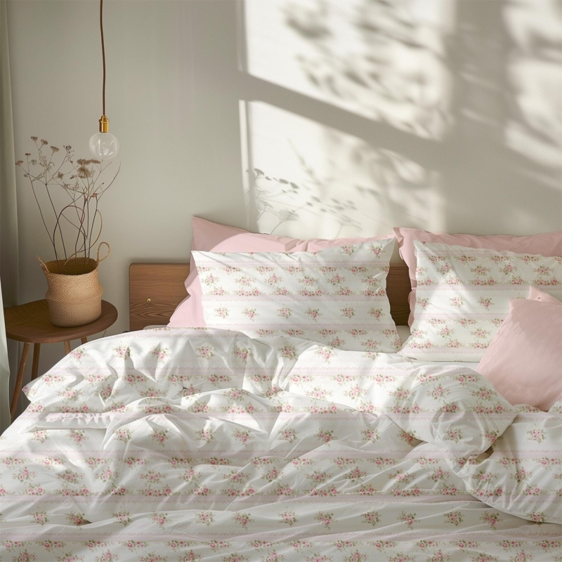 Bedding Set Delicate Flower Print Muted Pink Base Cottagecore Styling