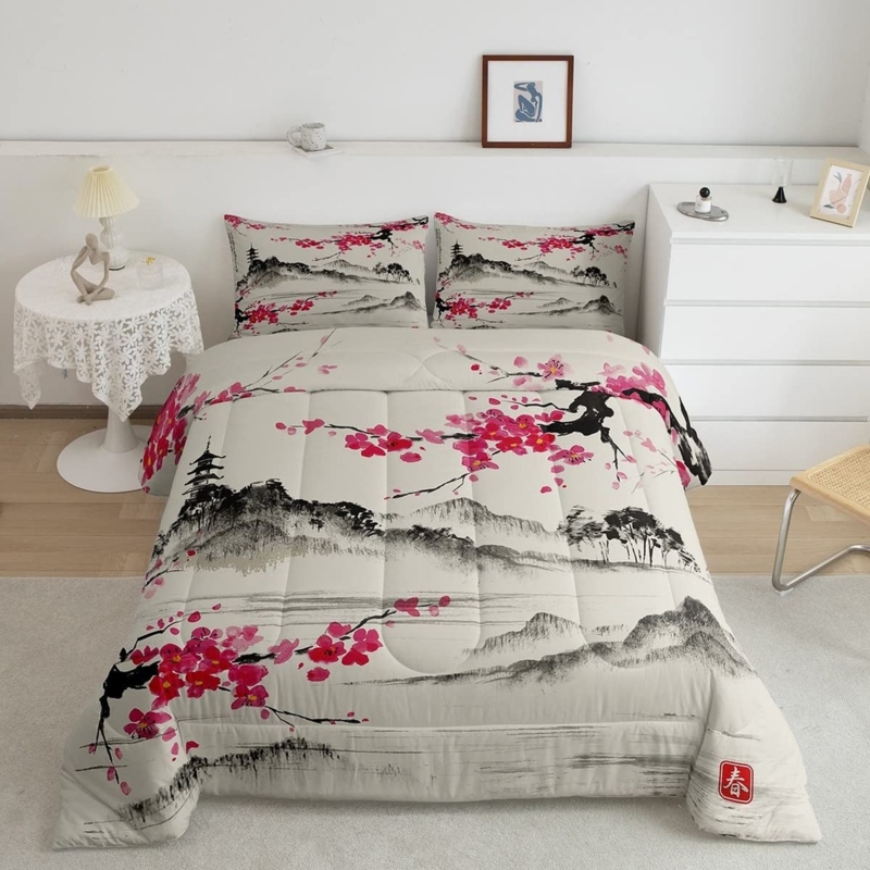 Bedding Set Mount Fuji Print Cherry Blossom Theme Scenic Bedding