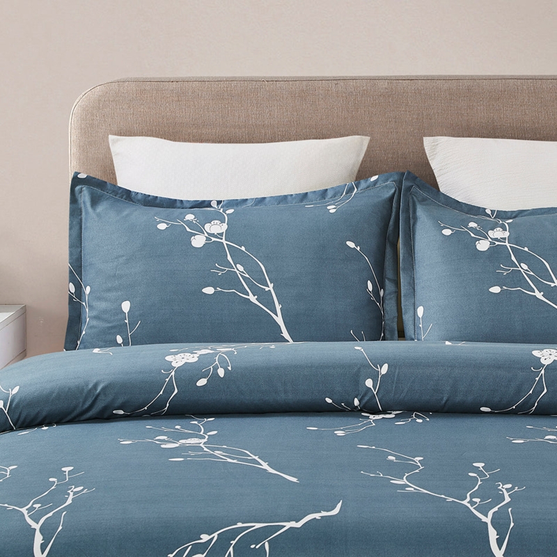 Bedding Set, Navy Blue High-Contrast Floral Print, Botanical Pattern, Dark Blue Bedroom Decor