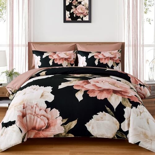 Bedding Set Pink Floral on Black Seven Piece Set Botanical Motifs Bold