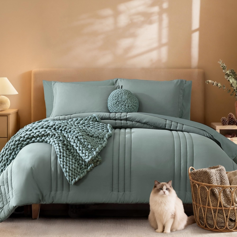 Bedding Set Pleated Texture Sage Green Palette Textured Comforter Set