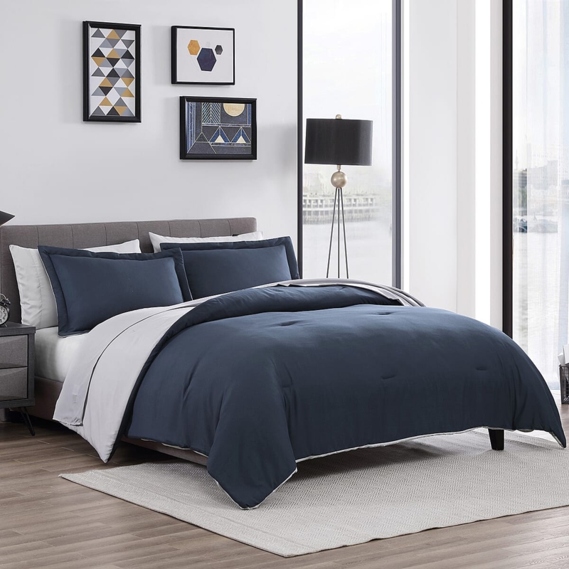 Bedding Set Reversible Design Navy And Gray Palette Quilted Stitching