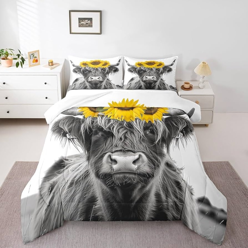 Bedding Set Rustic Highland Cow Print Sunflower Border Faux Wood