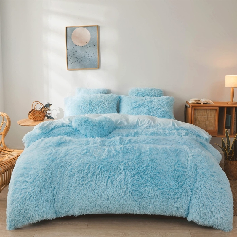 Bedding Set Shaggy Faux Fur Vibrant Blue Long Pile Modern Glam