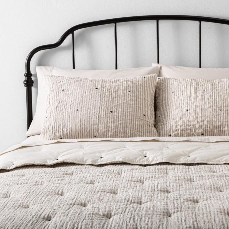 Bedding Set styled with Layered Linens in Gray and White