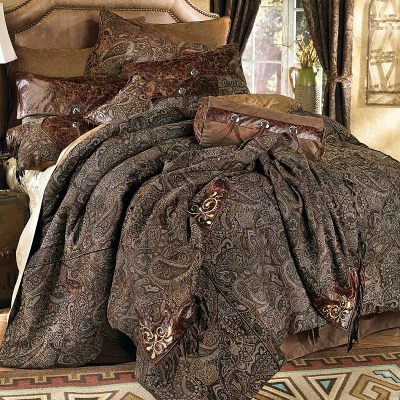 Bedding Set Western Paisley Pattern Fringe Trim Faux Leather