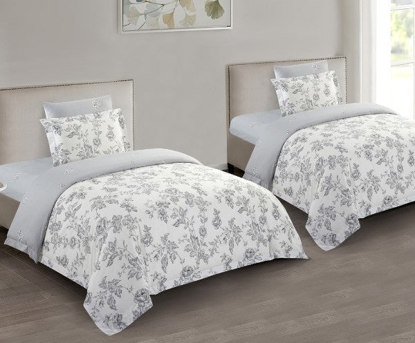 Bedding Set White Pin-Tuck Pleats Grey Silver Embroidery Elegant